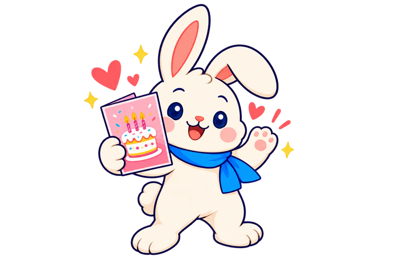 Il coniglietto CardBunny saluta con una cartolina di compleanno.